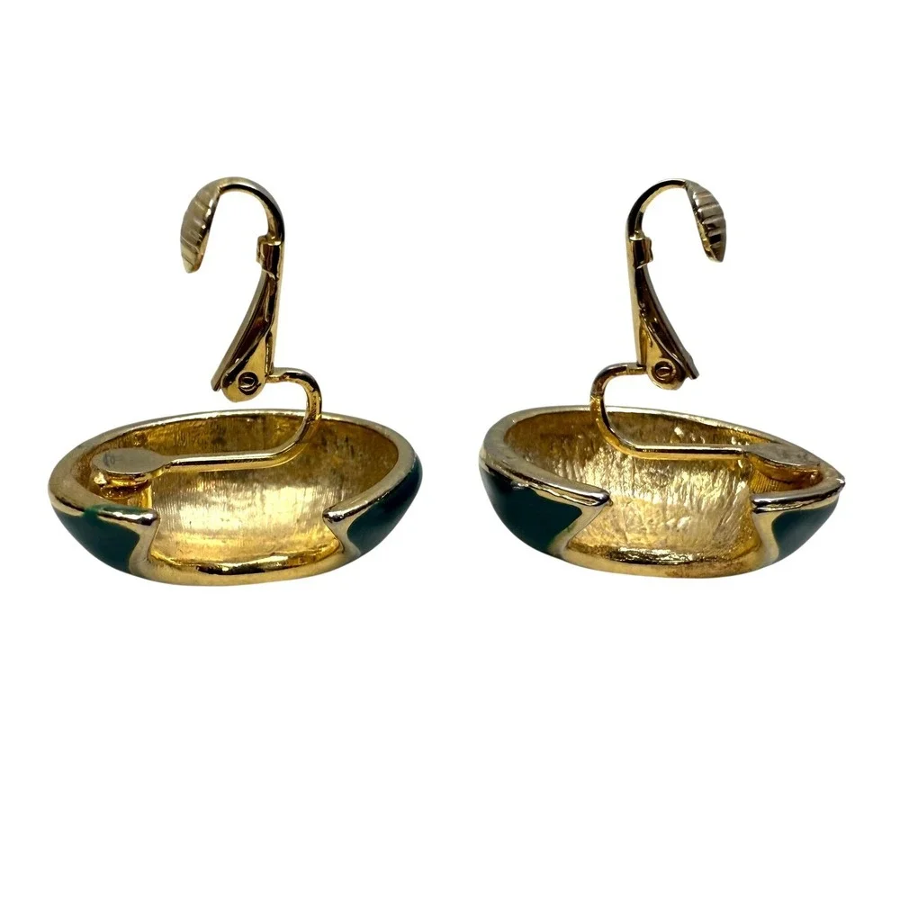 Vintage Gold Tone Enamel Emerald Green Clip On Earrings Oval Hoop Lightweight